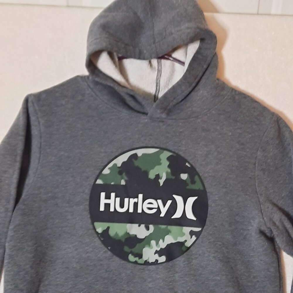 HURLEY CAMO LOGO YOUTH Gray Pullover Hoodie Big Center Spellout Camouflage 18-20